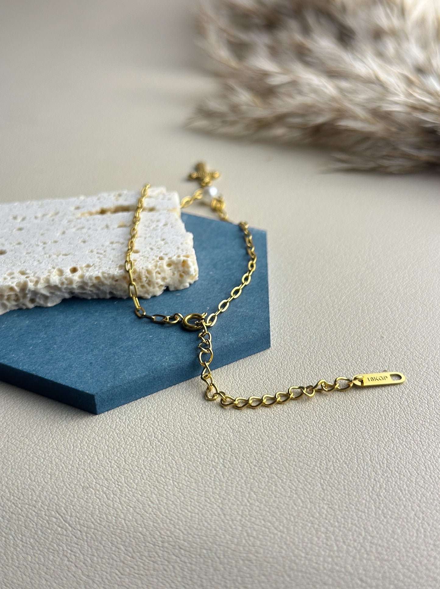 Gold cross and pearl steel foot bracelet