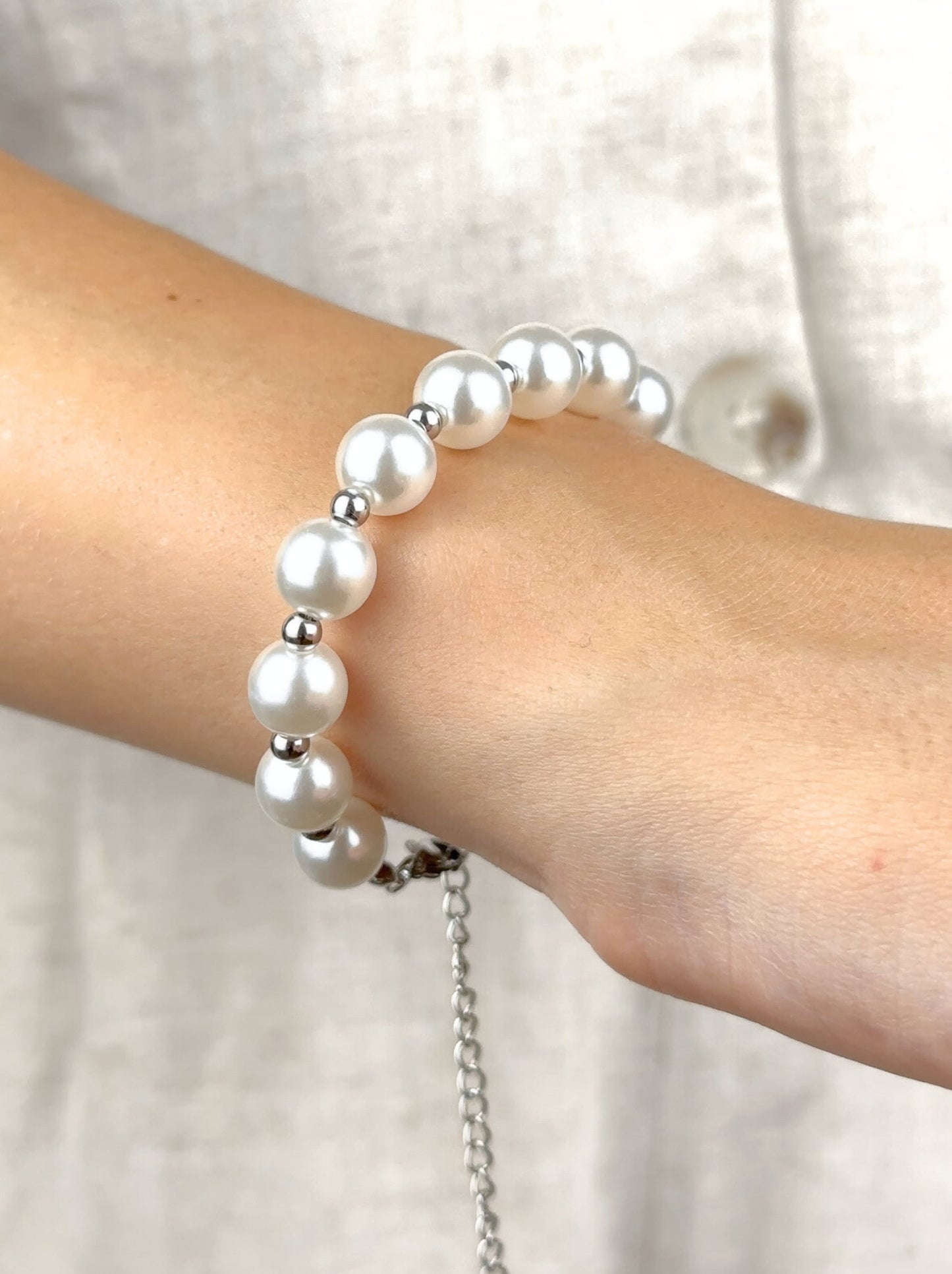 Pulseira de Aço Prateada Pérola