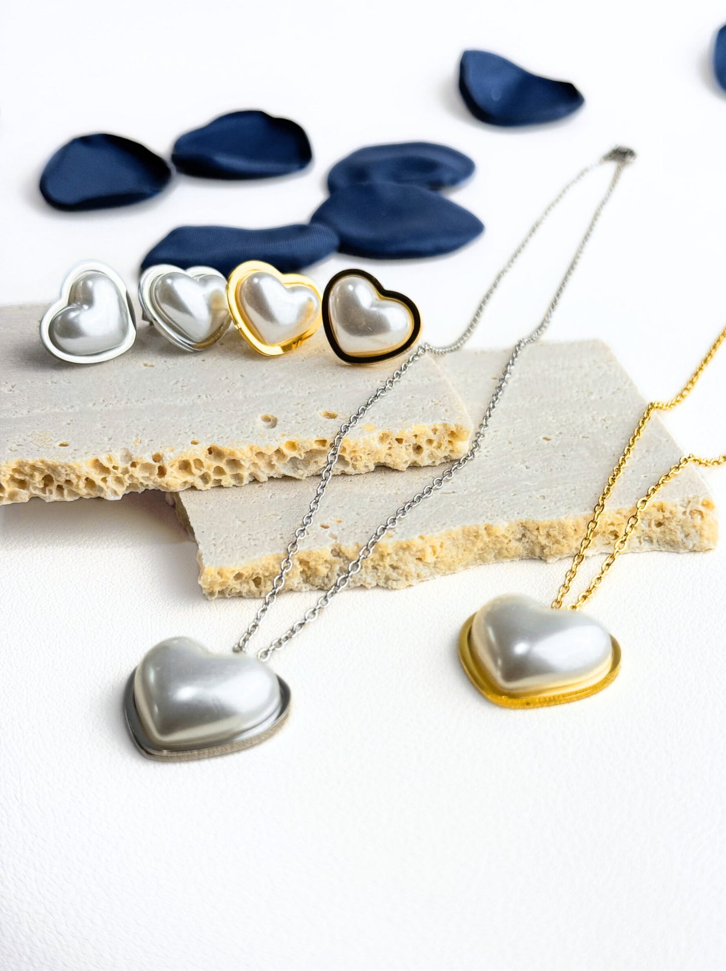 Golden steel pearl heart earrings