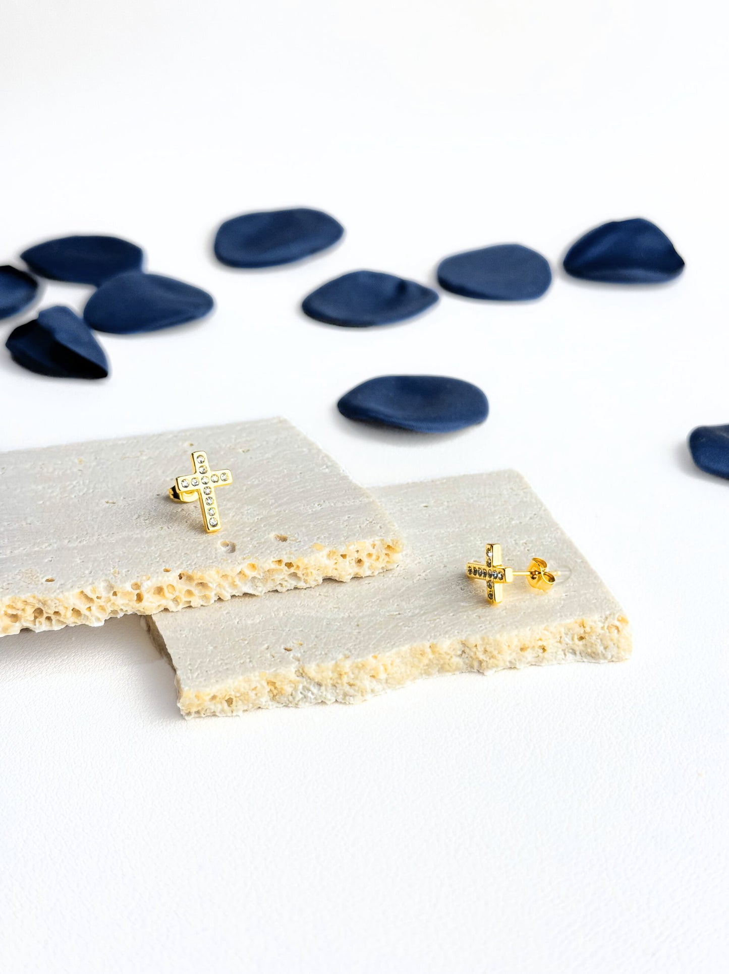 18K Gold - Brincos de aço dourados com cruz de zircônia