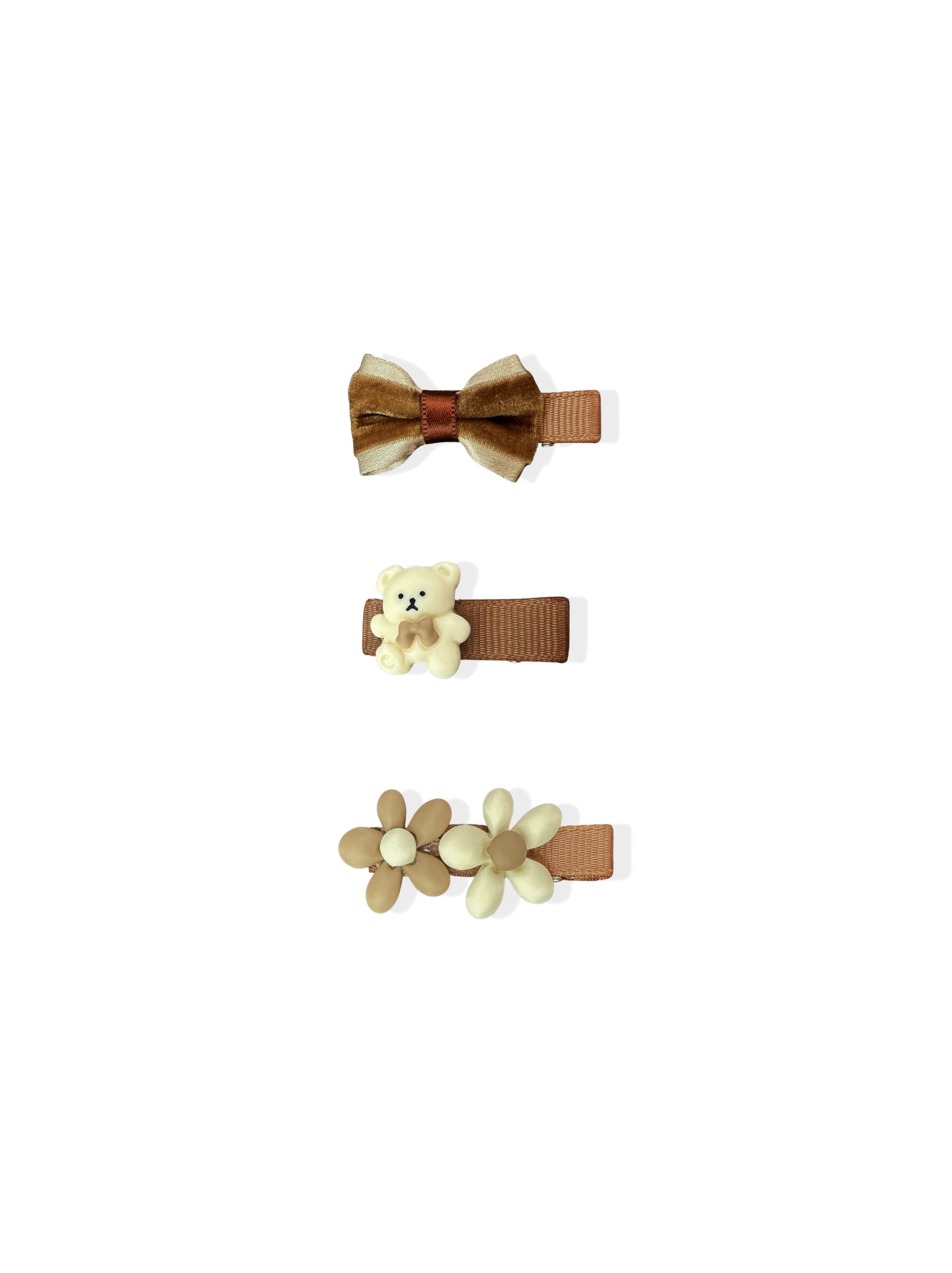 Set de pinces à cheveux marron avec ours et fleurs