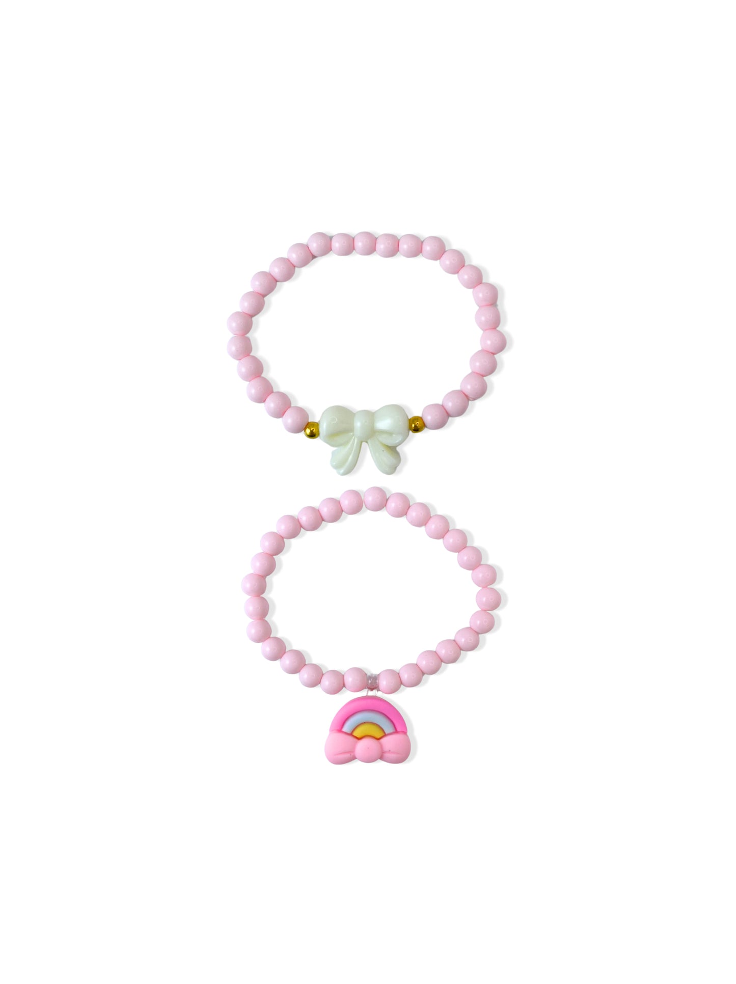 Set of colorful bead bracelets with bow and rainbow