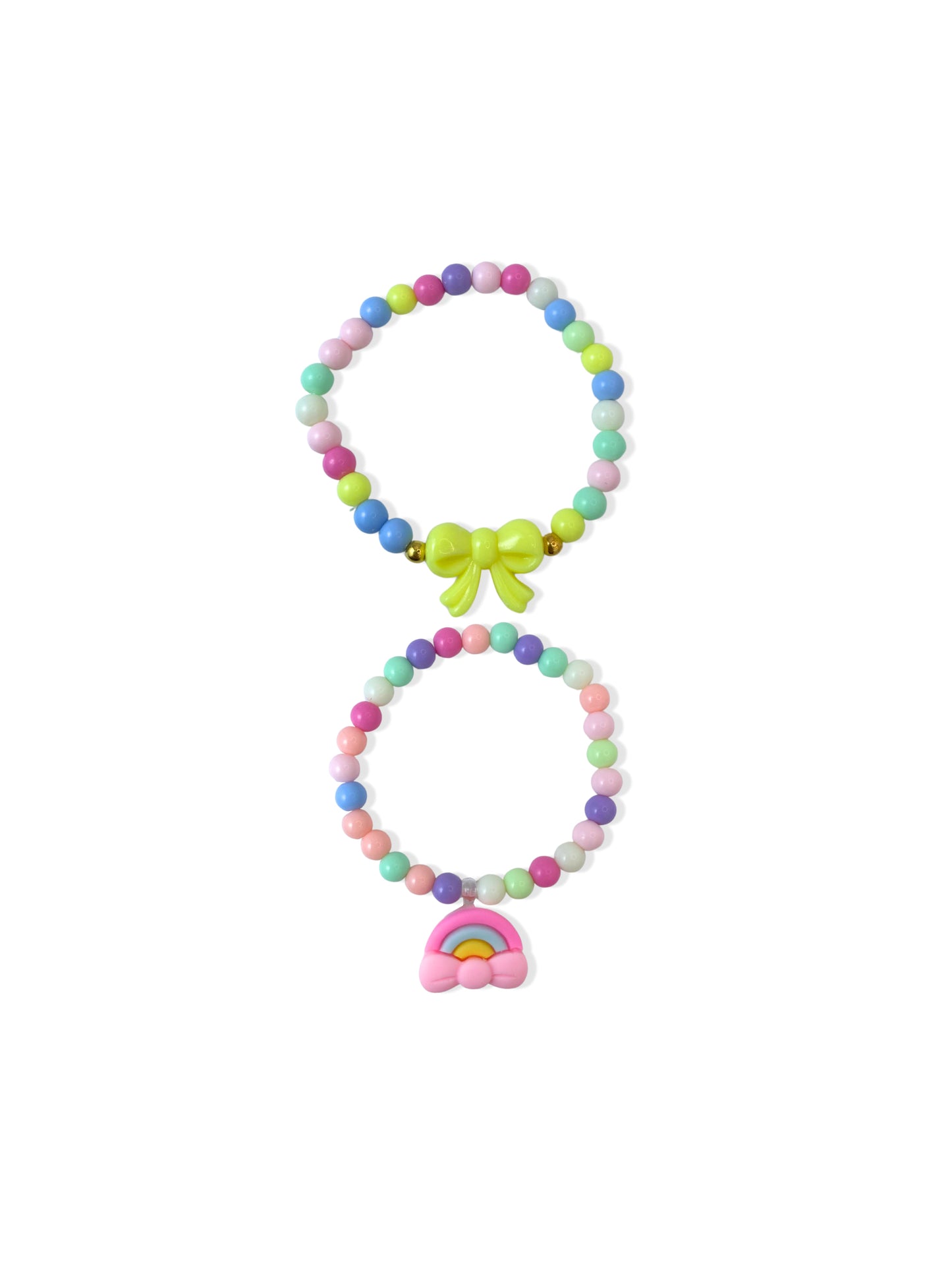 Set of colorful bead bracelets with bow and rainbow