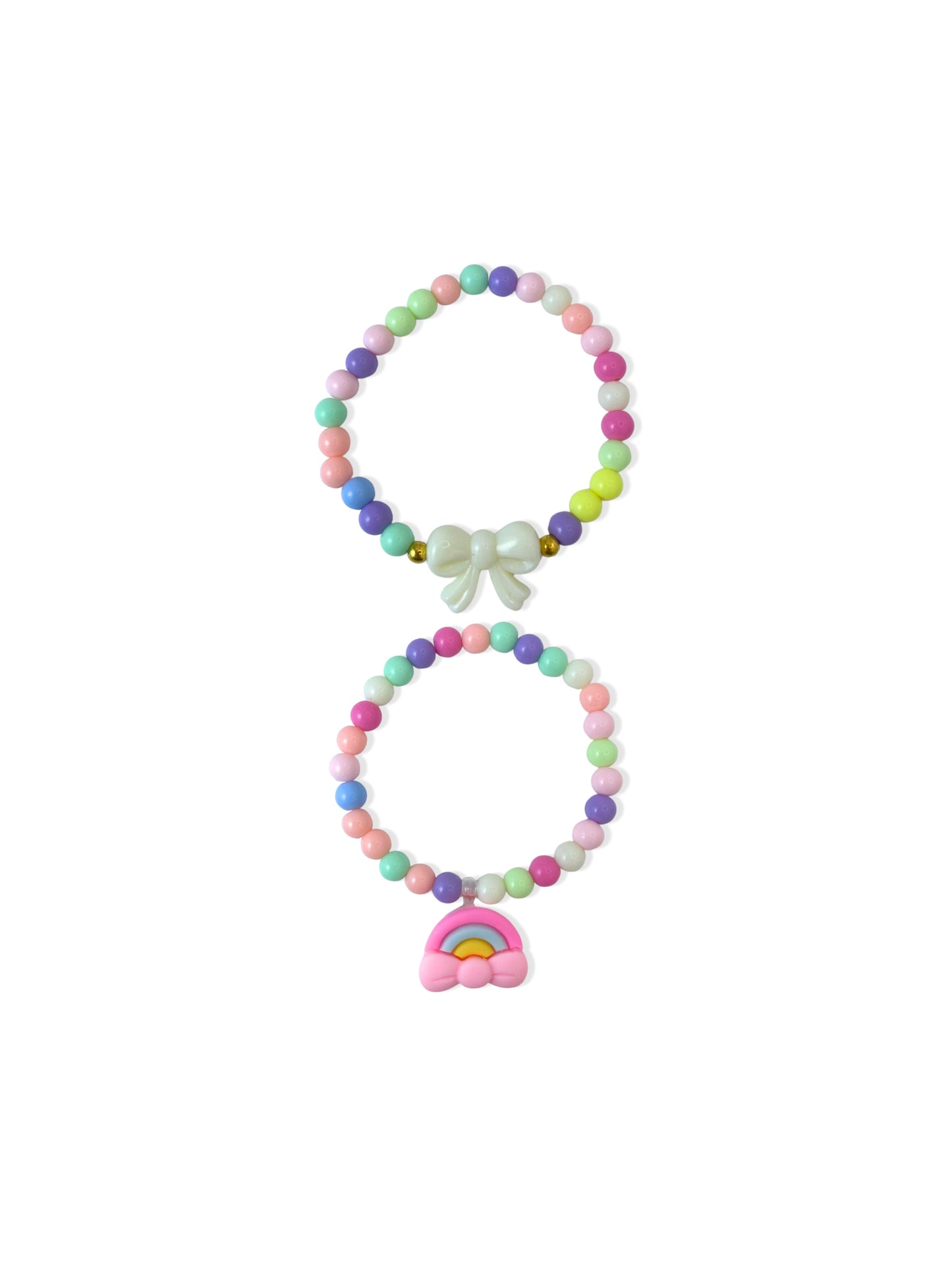 Set of colorful bead bracelets with bow and rainbow