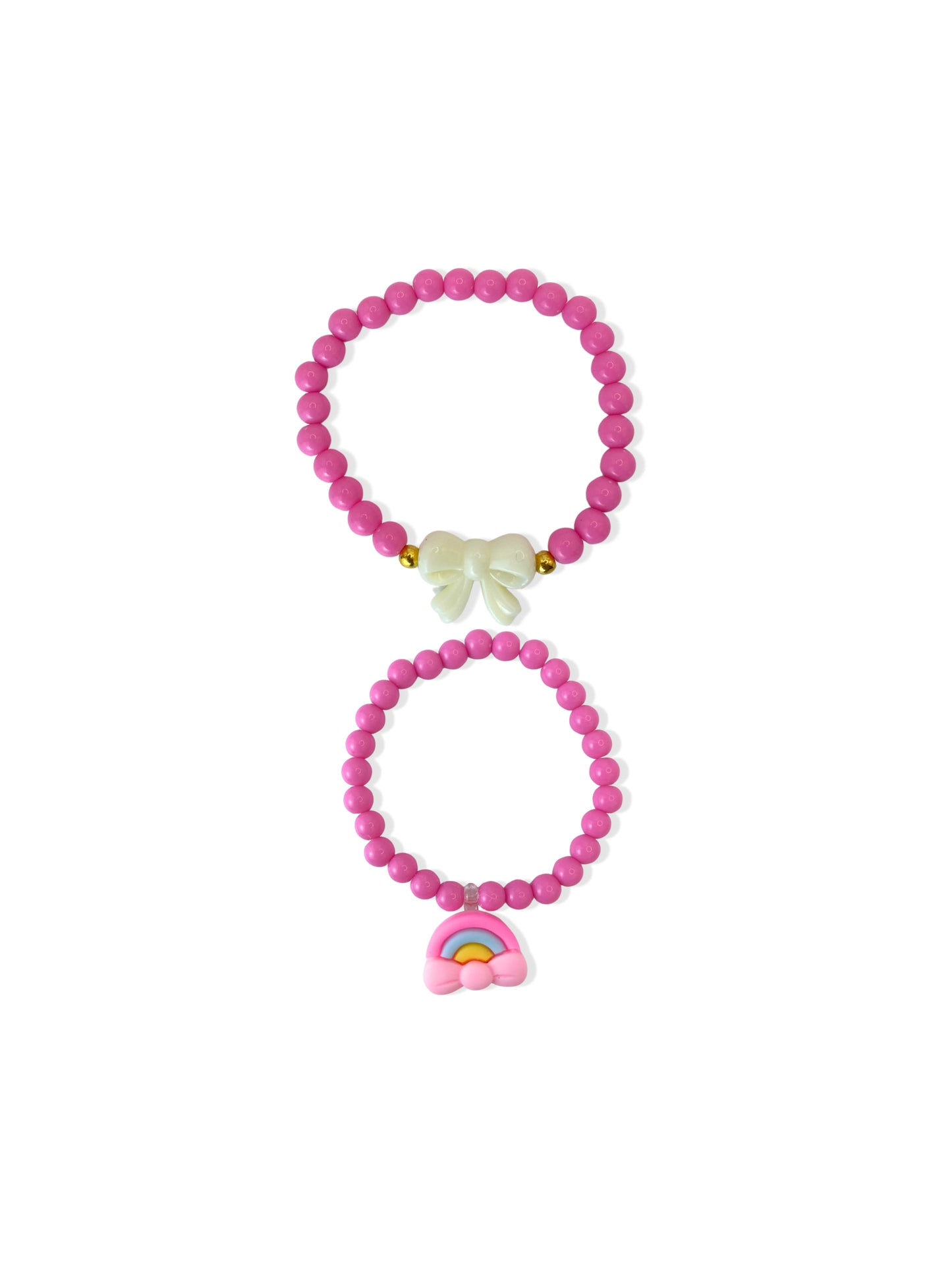 Set of colorful bead bracelets with bow and rainbow