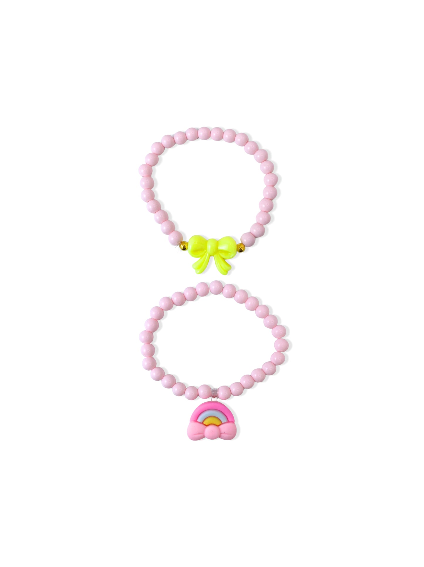 Set of colorful bead bracelets with bow and rainbow