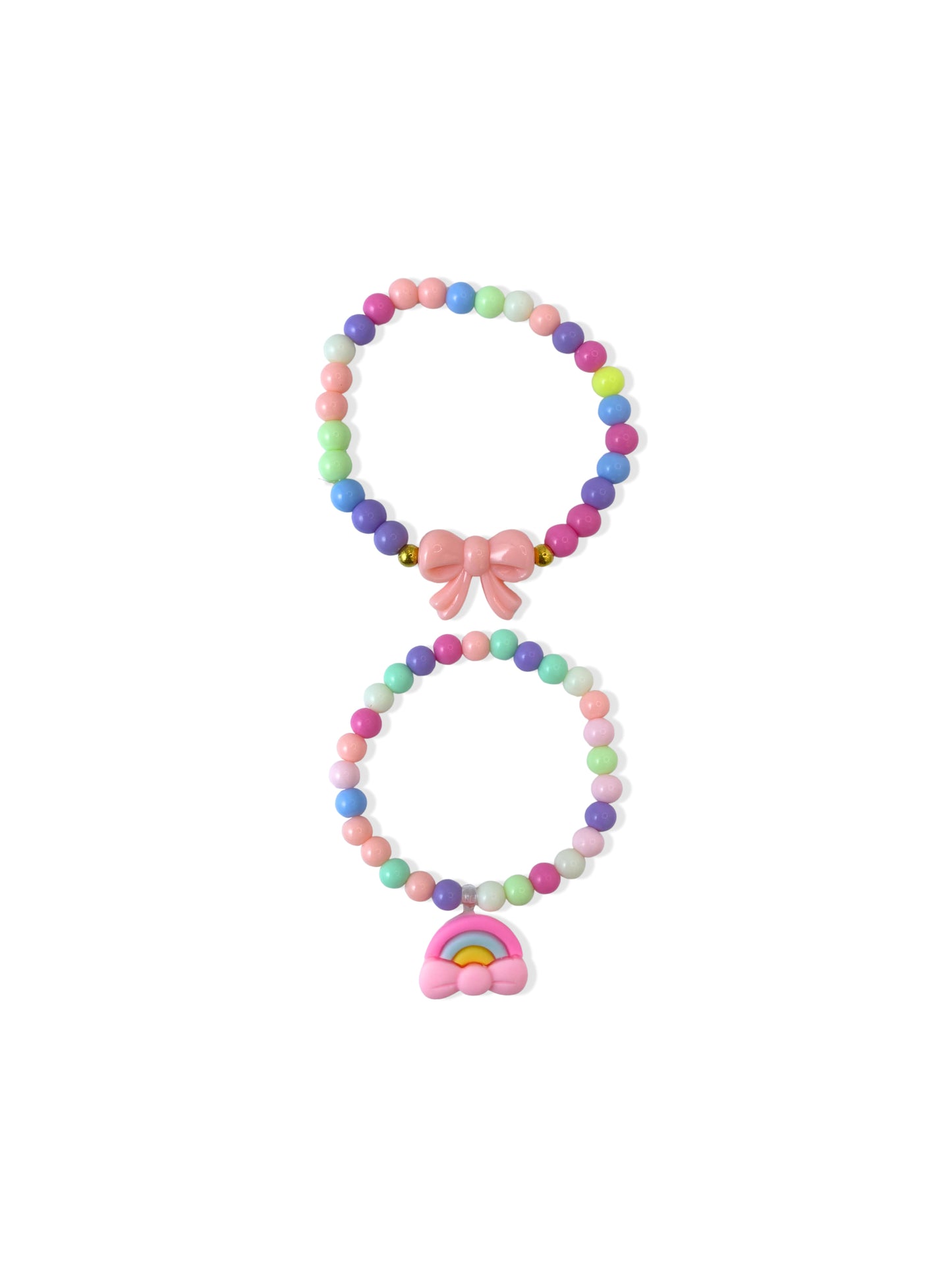 Set of colorful bead bracelets with bow and rainbow