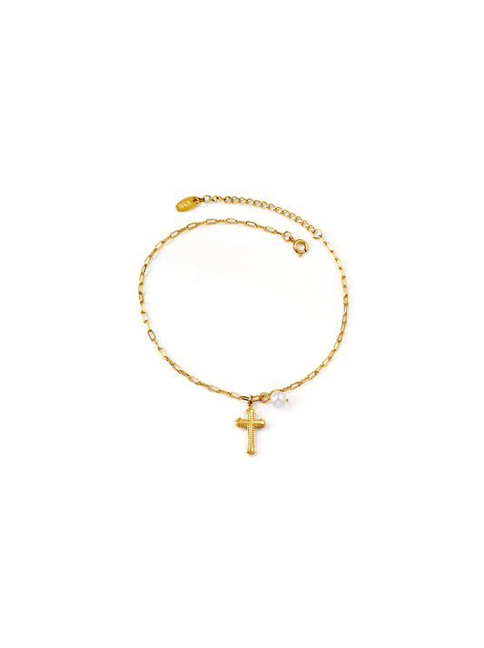 Gold cross and pearl steel foot bracelet
