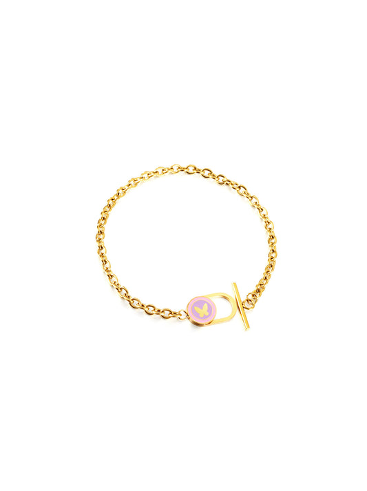 Pulseira de aço dourada borboleta rosa