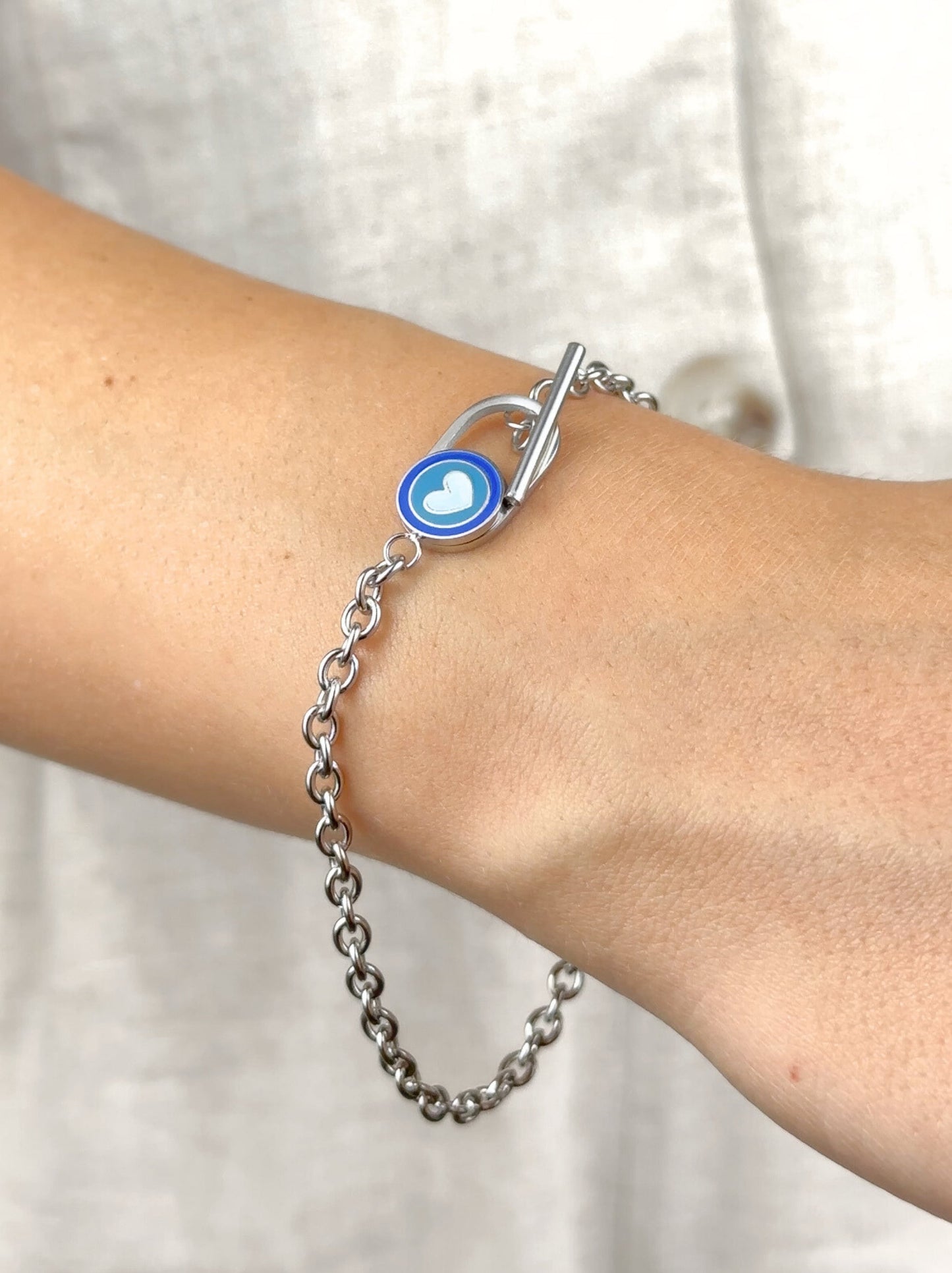 Bracelet Acier Argenté Coeur Bleu