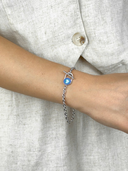 Bracelet Acier Argenté Coeur Bleu