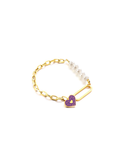 Pulseira de aço dourada coração roxo