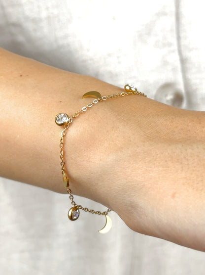 Moon and zirconia gold steel bracelet