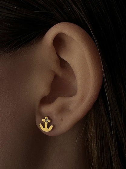 Anchor and crystal gold steel earrings