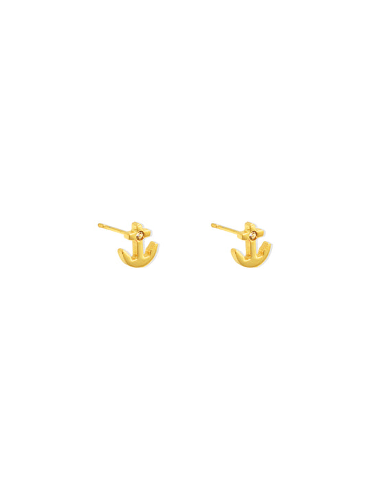 Anchor and crystal gold steel earrings