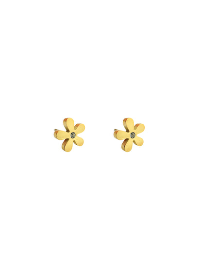 Flower and crystal gold steel earrings