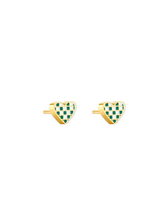 Green and white heart gold steel earrings