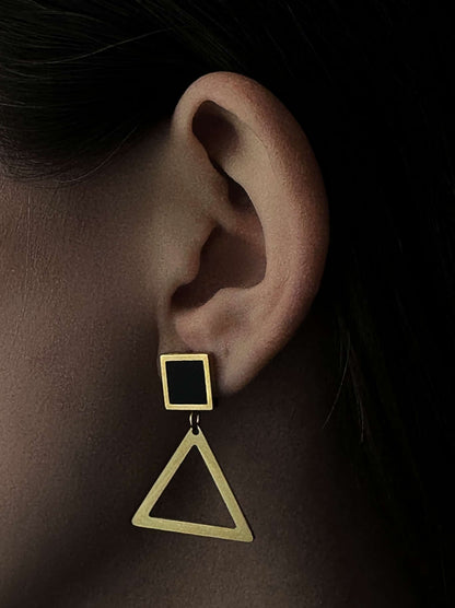 Triangle gold steel earrings with black