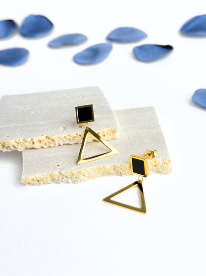 Triangle gold steel earrings with black