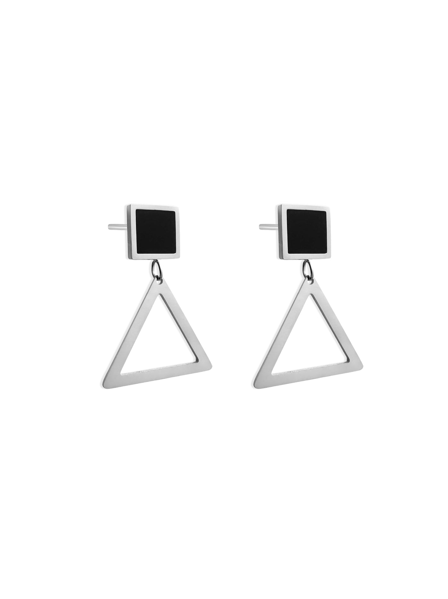 Triangle silver steel earrings with black