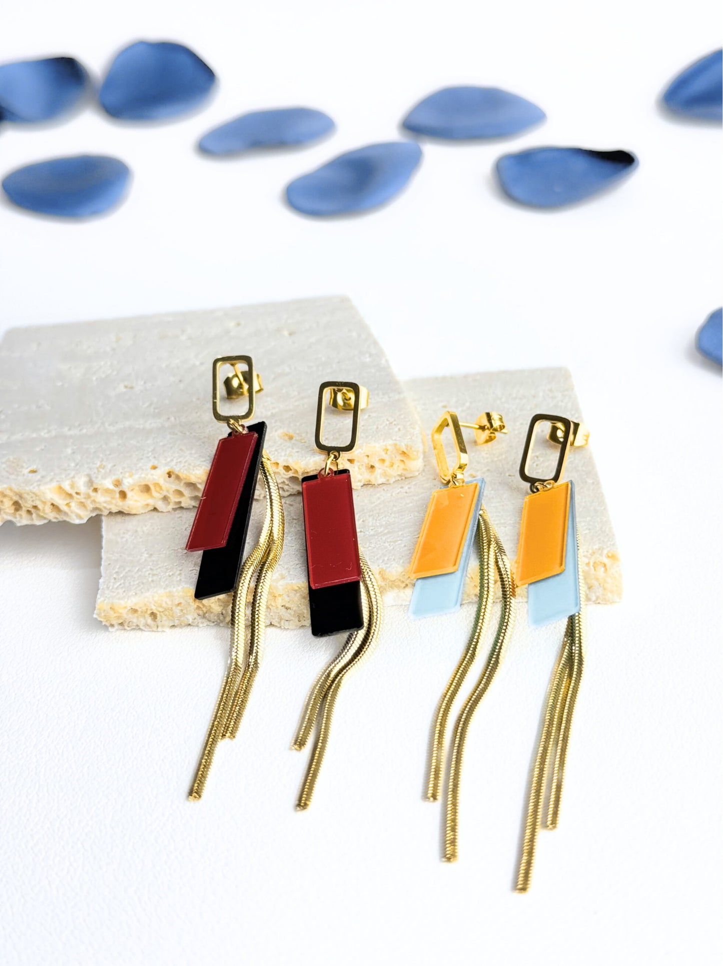 Long enamel gold steel earrings