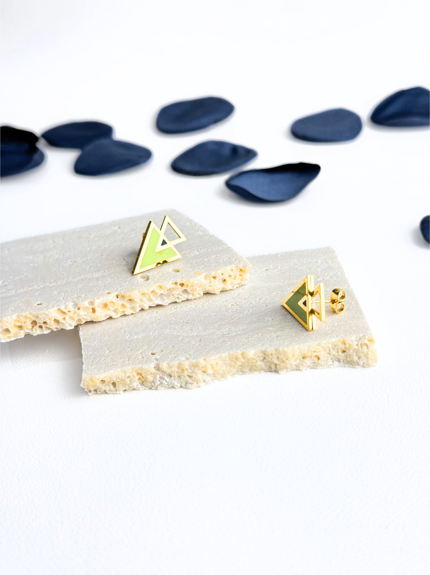 Enameled triangle gold steel earrings