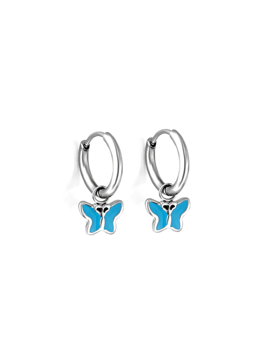 Blue butterfly silver steel hoops