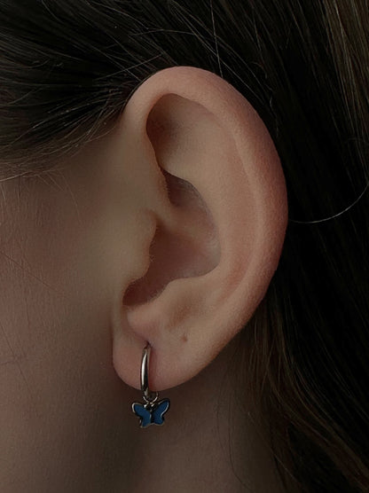 Blue butterfly silver steel hoops