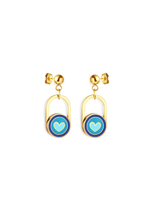 Blue heart gold steel earrings