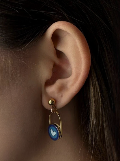 Boucles d'oreilles acier doré coeur bleu