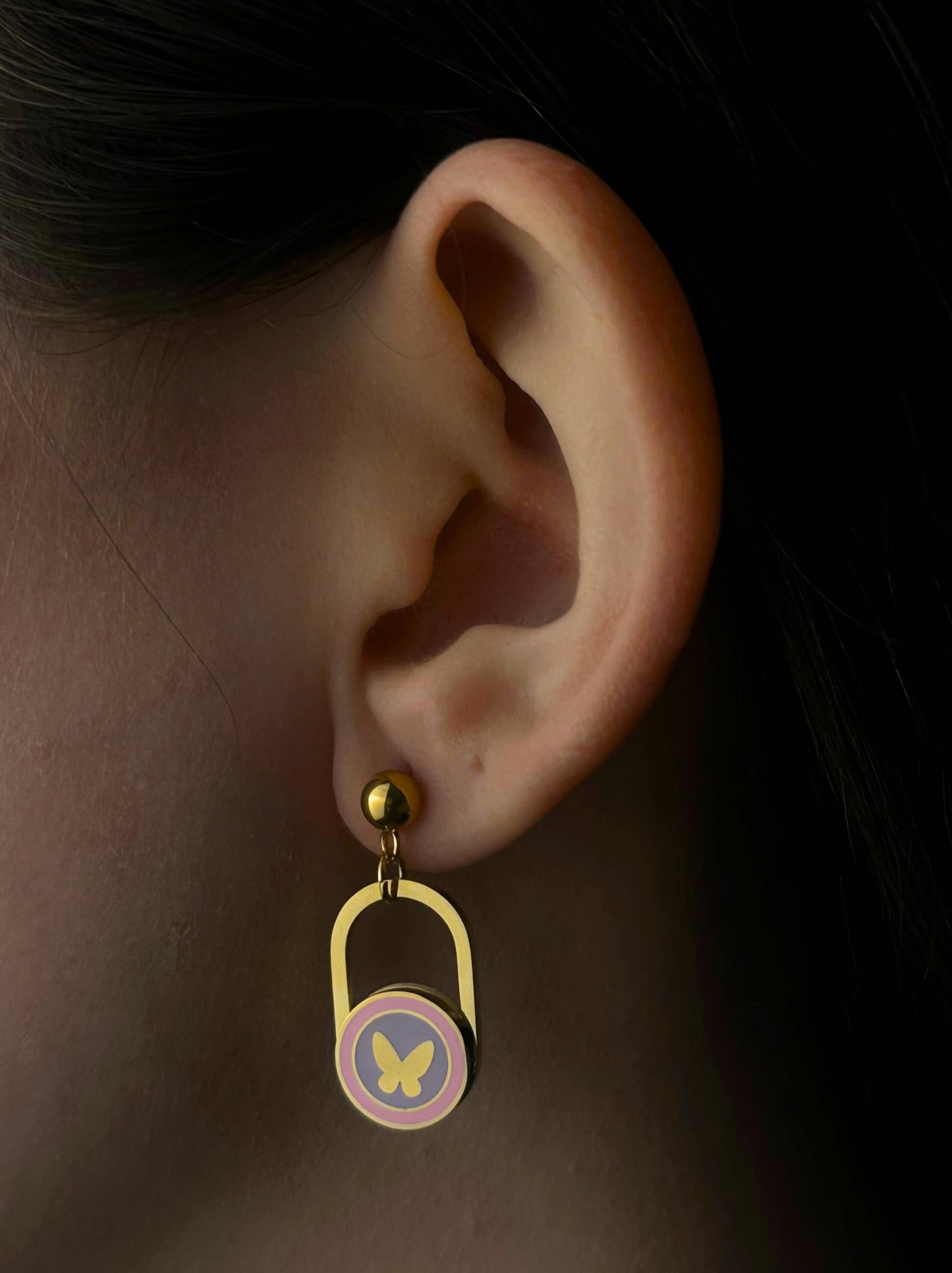 Purple butterfly gold steel earrings