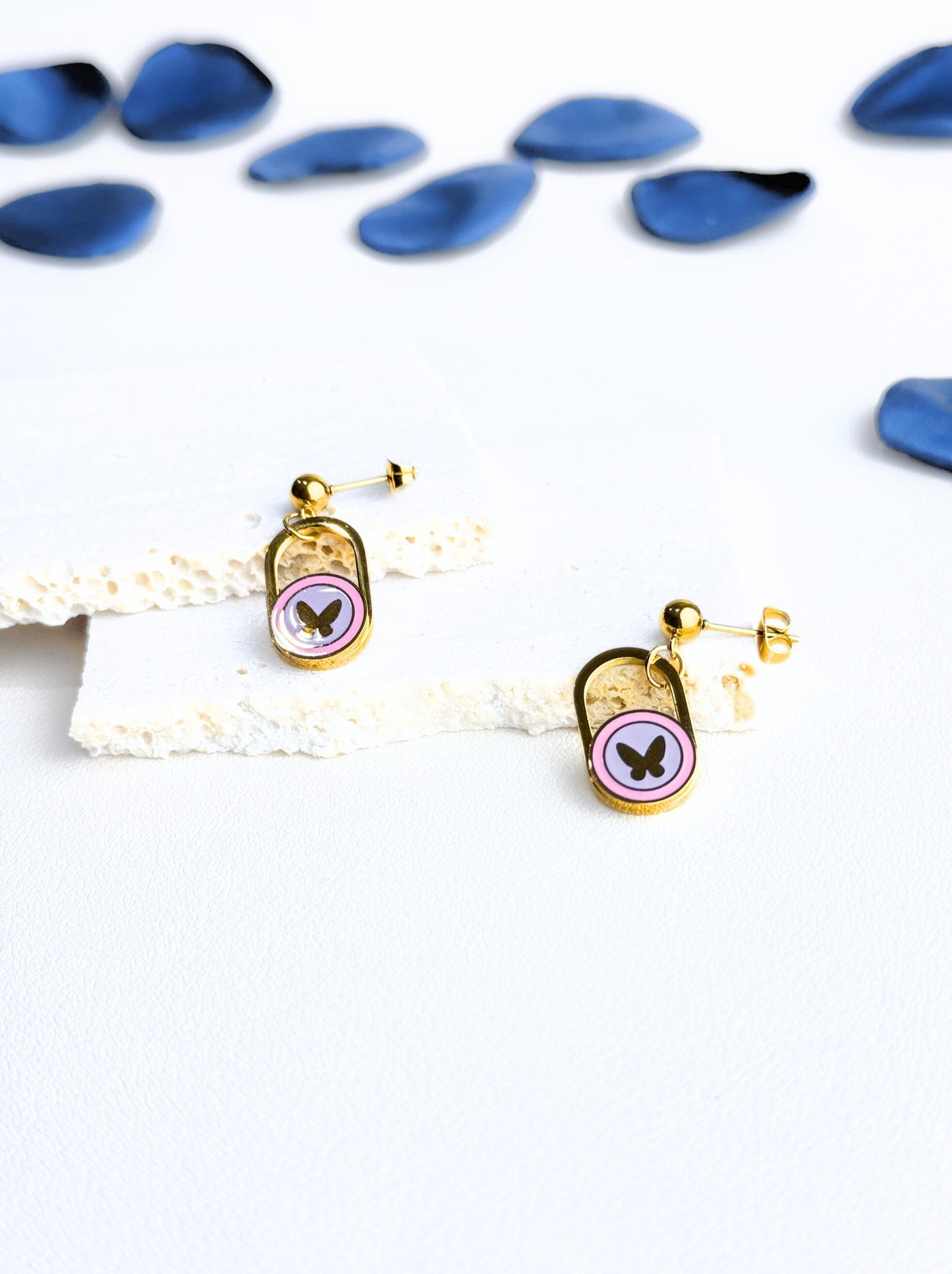 Purple butterfly gold steel earrings