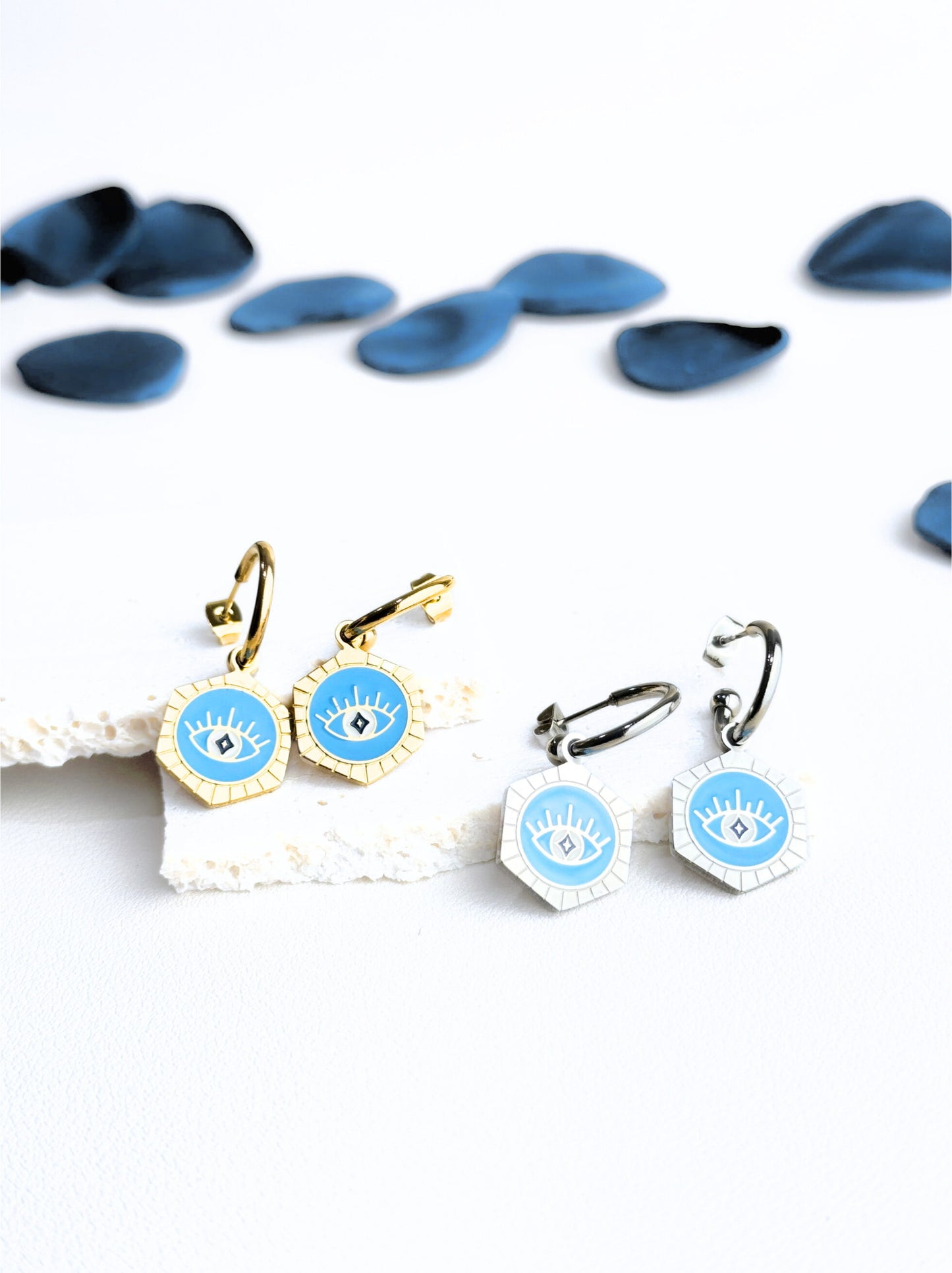 Blue eye gold steel hoops