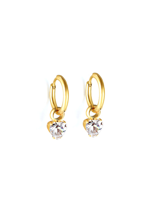 Crystal heart gold steel hoops