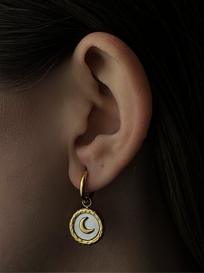 Pearlescent gold steel hoops with moon