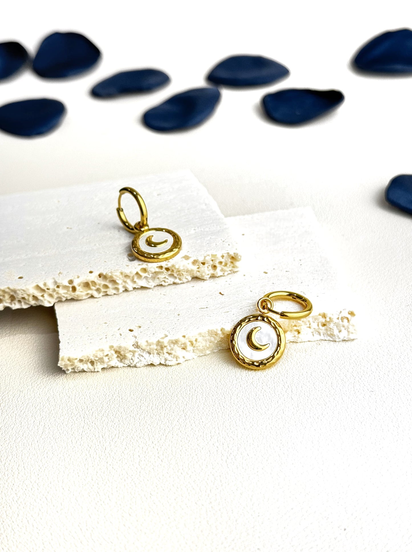 Pearlescent gold steel hoops with moon