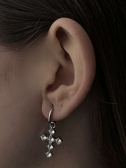 Silver steel cross hoops with crystals