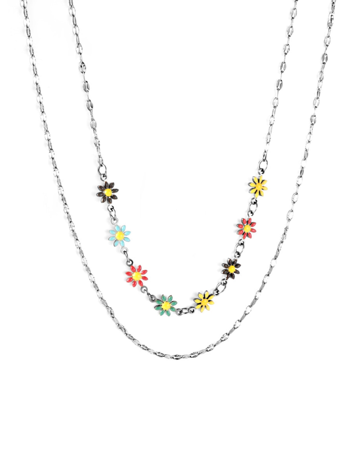 Collier acier argenté fleurs colorées