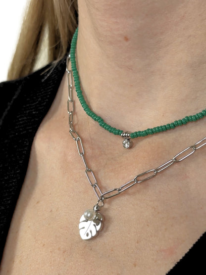 Silver steel leaf and beads necklace