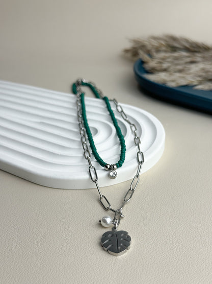 Silver steel leaf and beads necklace