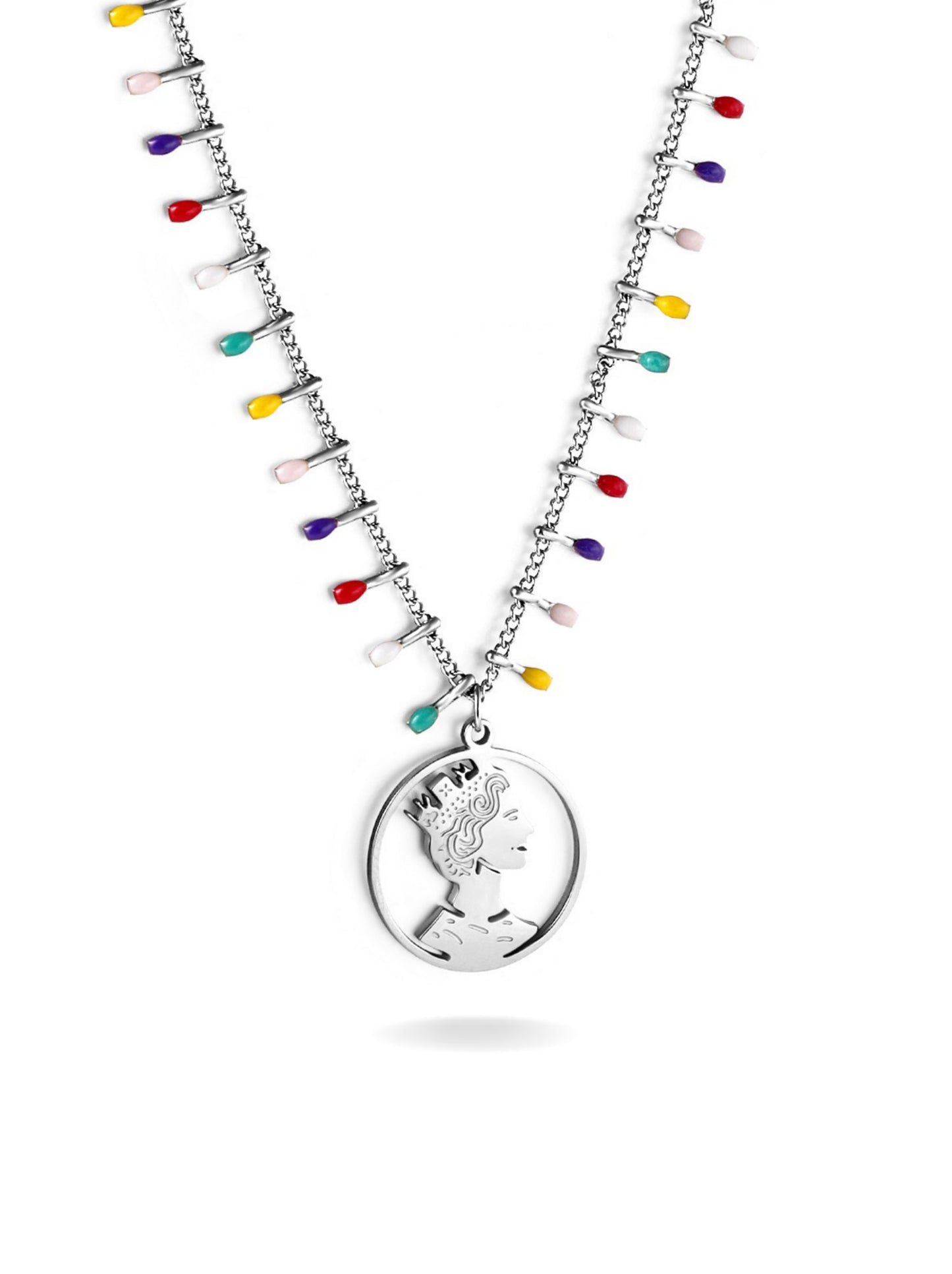 Collier Médaille En Acier Argenté Coloré