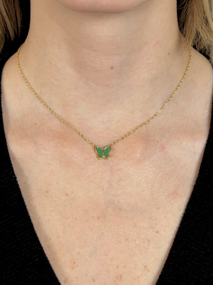 Collier Acier Doré Papillon Vert