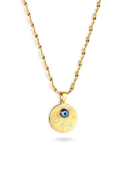 Golden steel medal and eye necklace