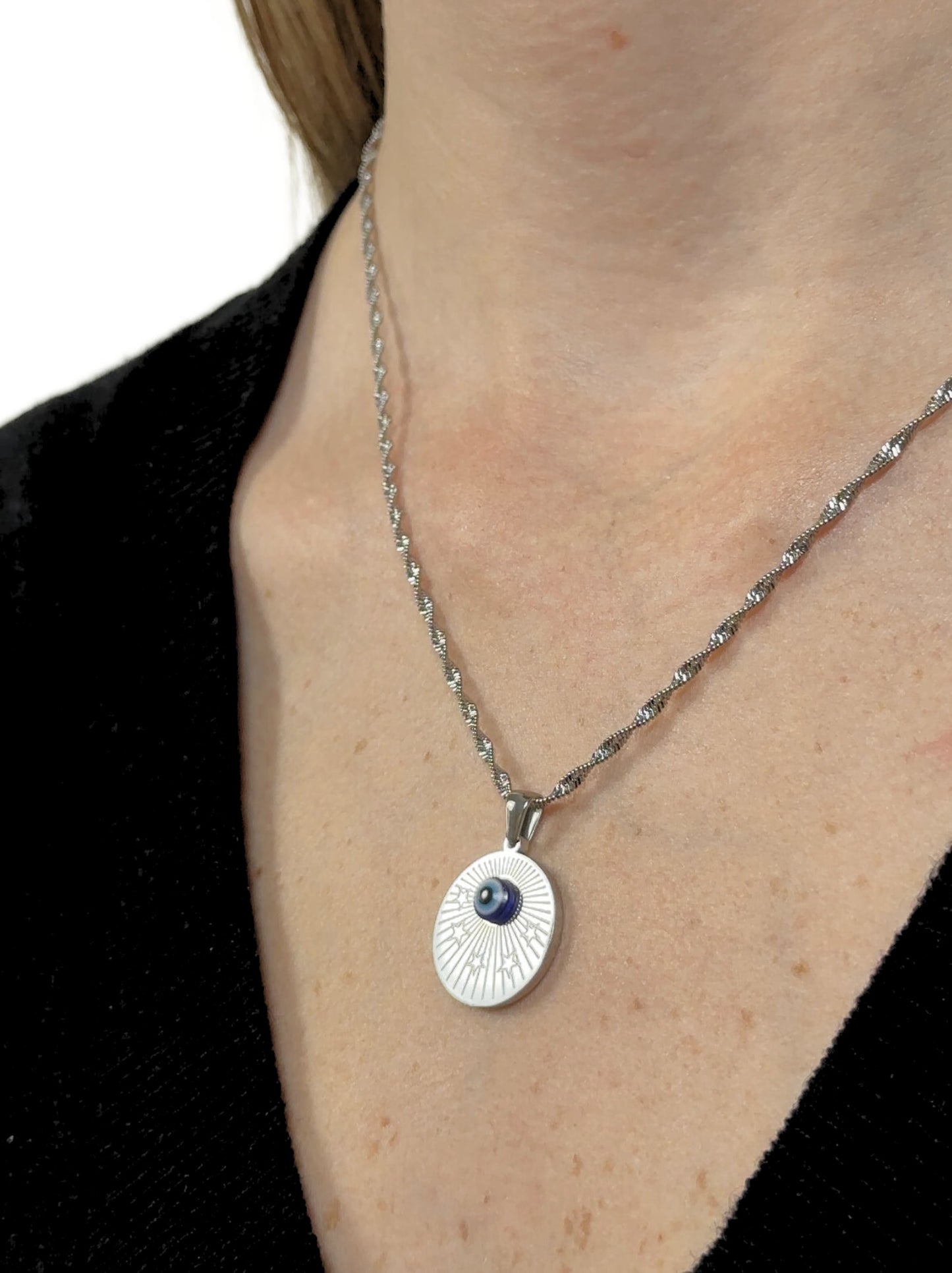 Medal and eye silver steel necklace