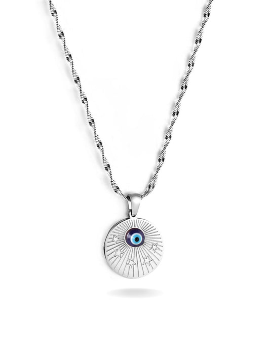 Medal and eye silver steel necklace