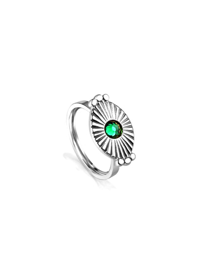 Green Crystal Silver Steel Ring