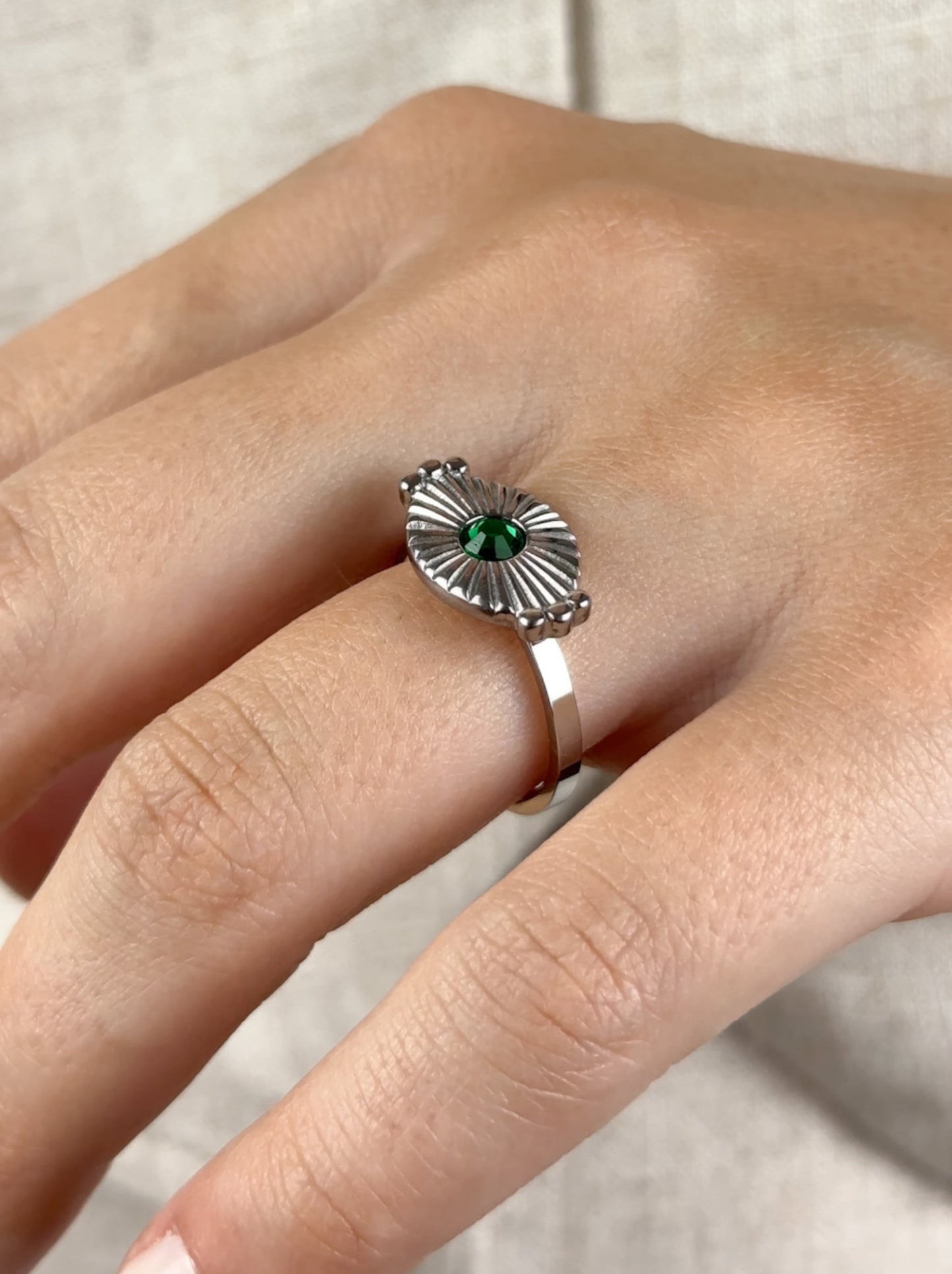 Green Crystal Silver Steel Ring