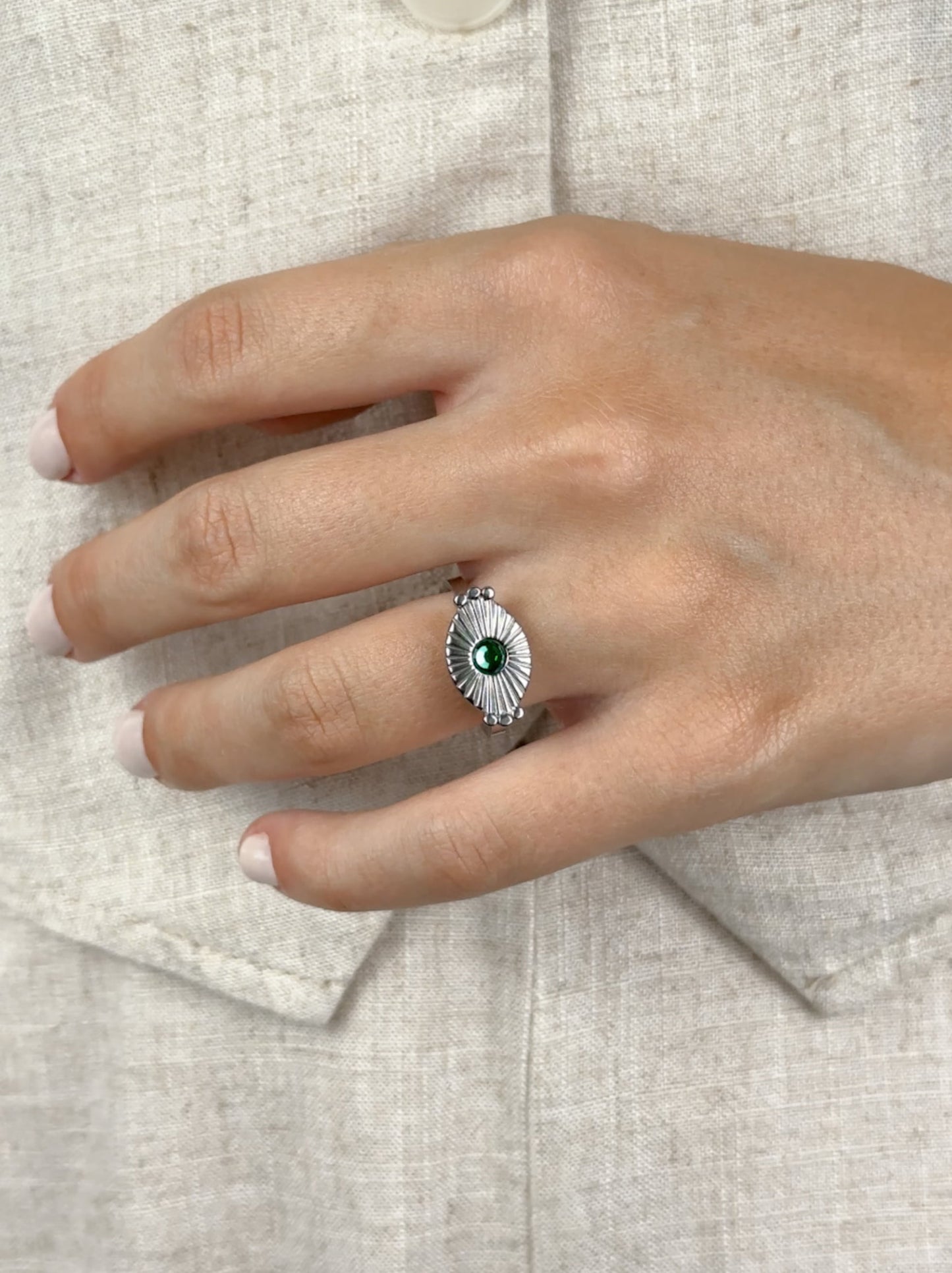 Green Crystal Silver Steel Ring