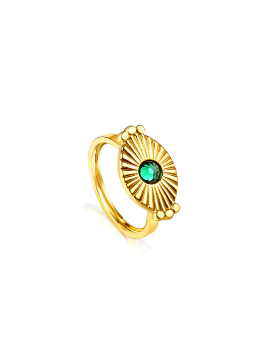 Green crystal gold steel ring