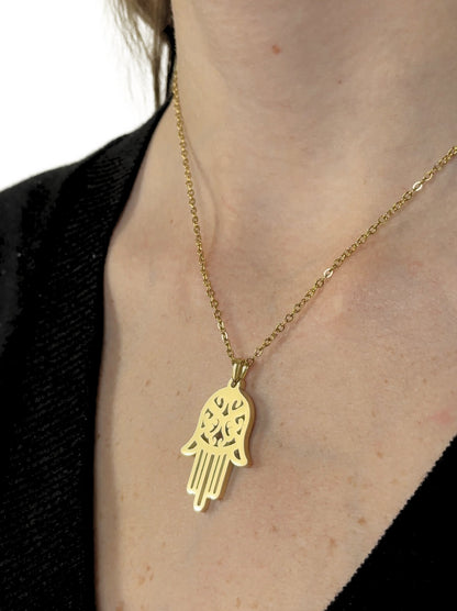 Hand of Fatima golden steel necklace